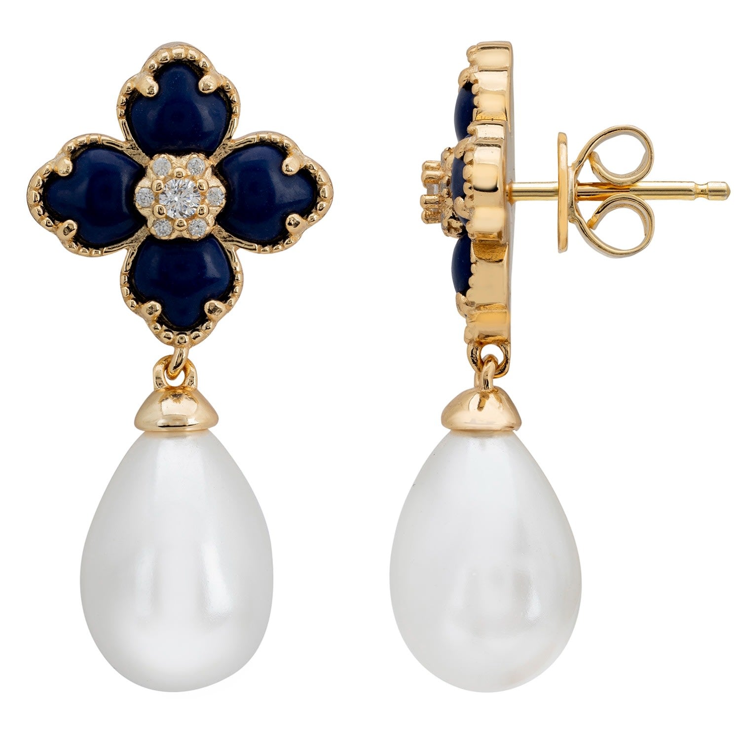 Flower Clover Pearl Drop Earrings Lapis Lazuli Gold