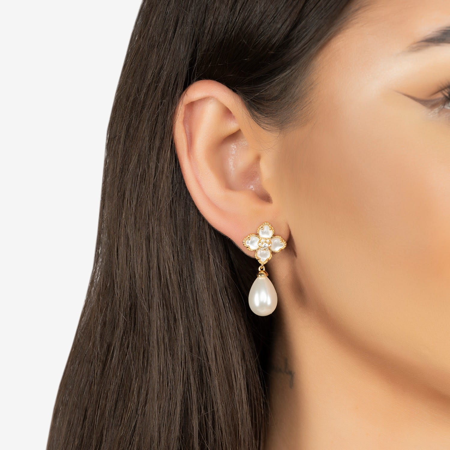 Flower Clover Pearl Drop Earrings Mother Of Pearl Gold