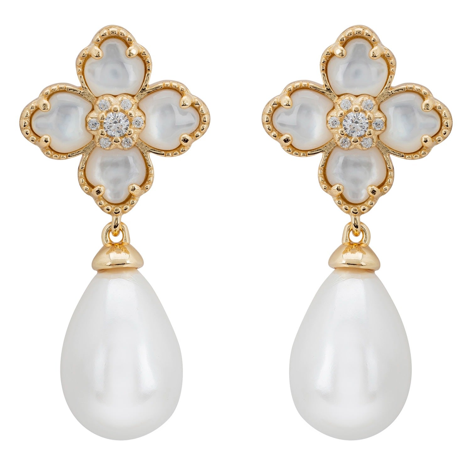 Flower Clover Pearl Drop Earrings Mother Of Pearl Gold