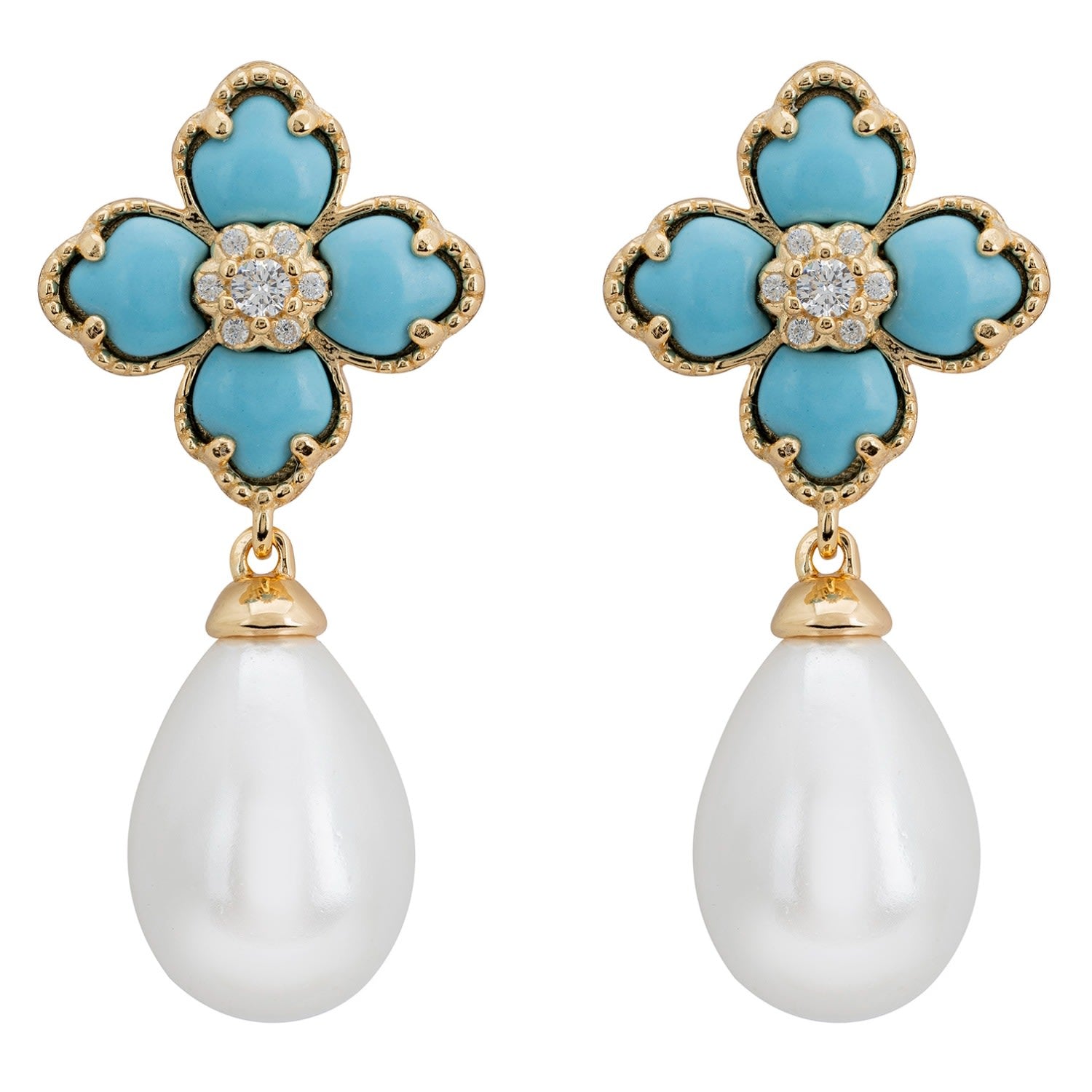 Flower Clover Pearl Drop Earrings Turquoise Gold