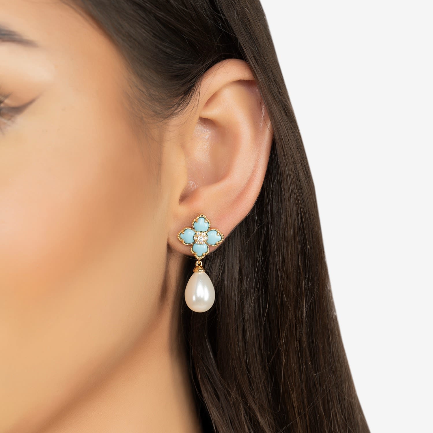 Flower Clover Pearl Drop Earrings Turquoise Gold
