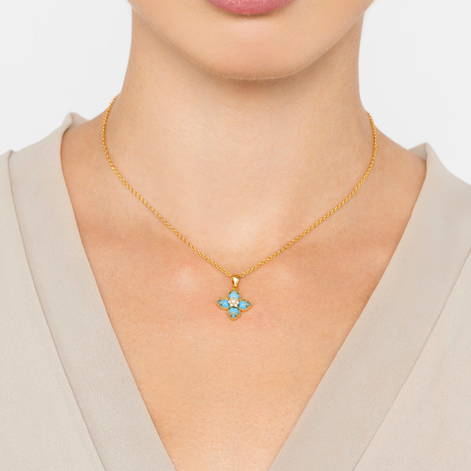 Flower Clover Turquoise Pendant Necklace Gold