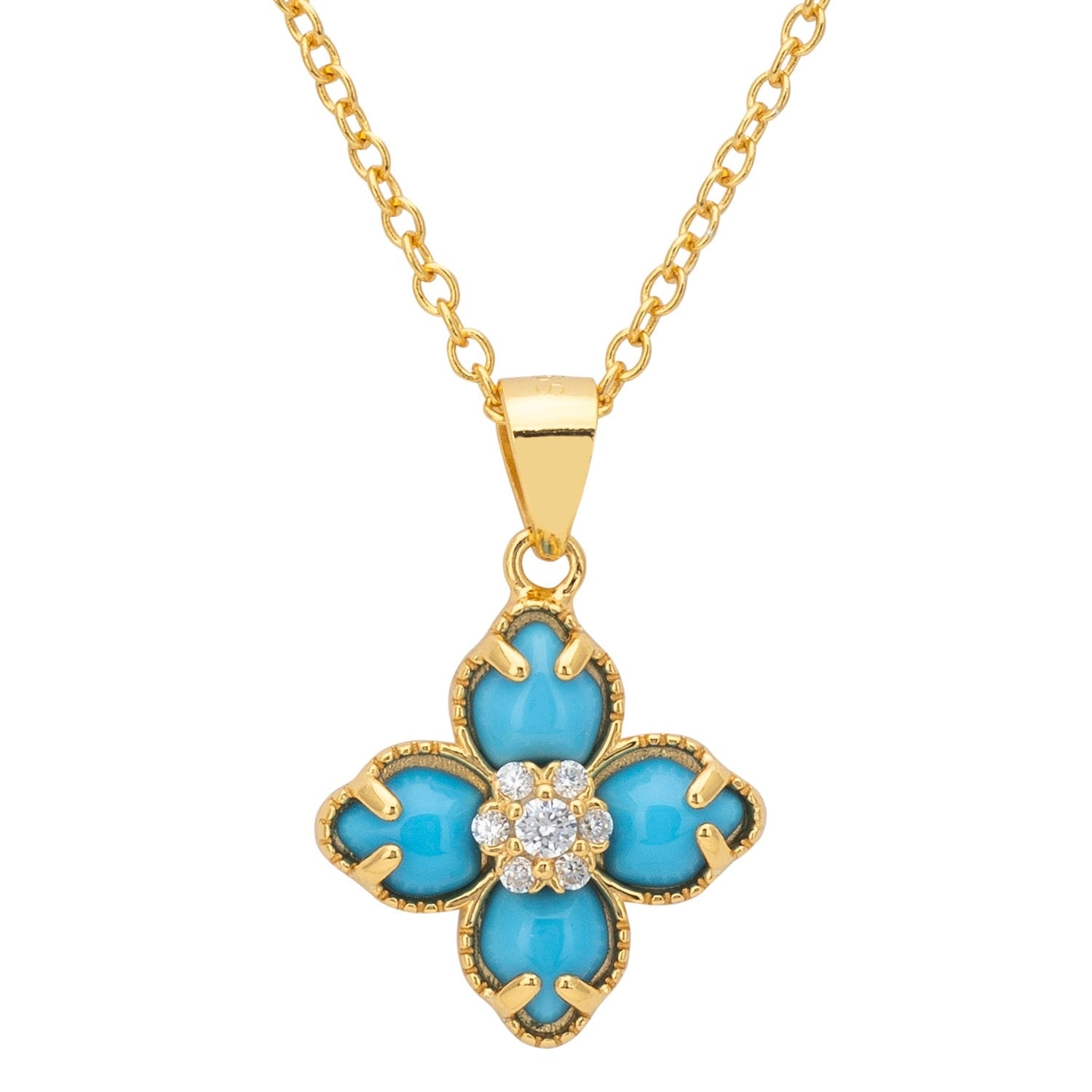 Flower Clover Turquoise Pendant Necklace Gold