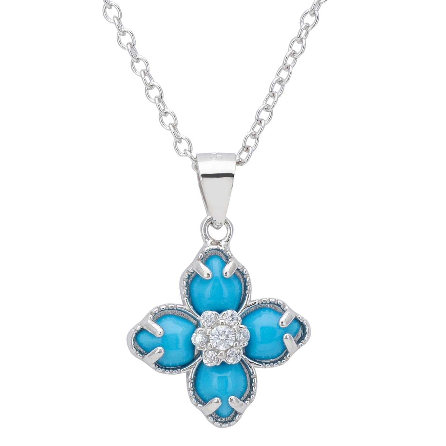 Flower Clover Turquoise Pendant Necklace Silver