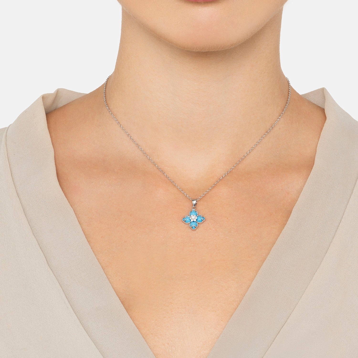 Flower Clover Turquoise Pendant Necklace Silver