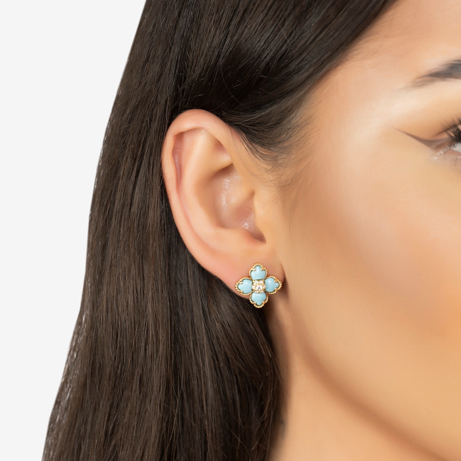 Flower Clover Turquoise Stud Earrings Gold