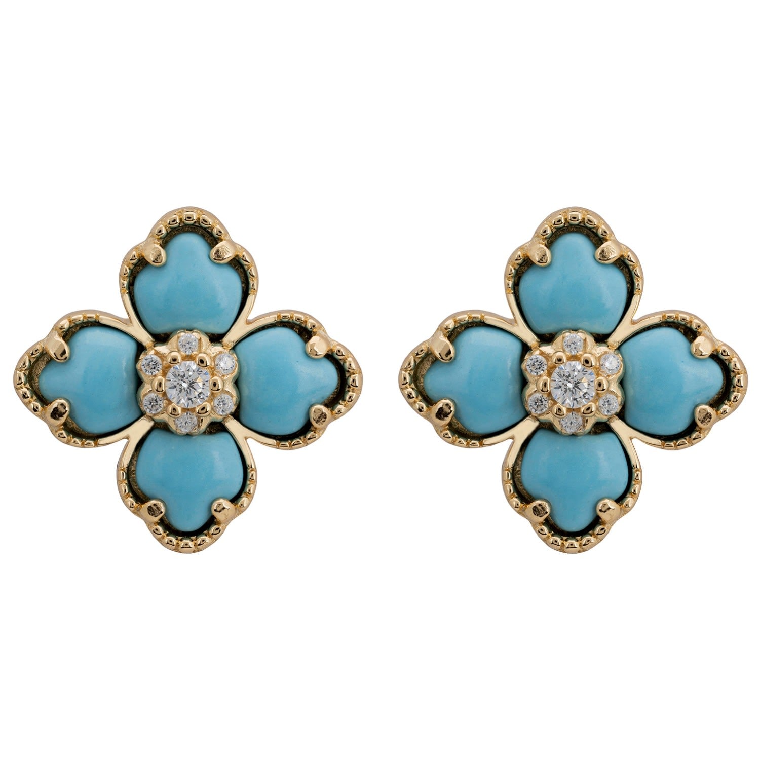 Flower Clover Turquoise Stud Earrings Gold
