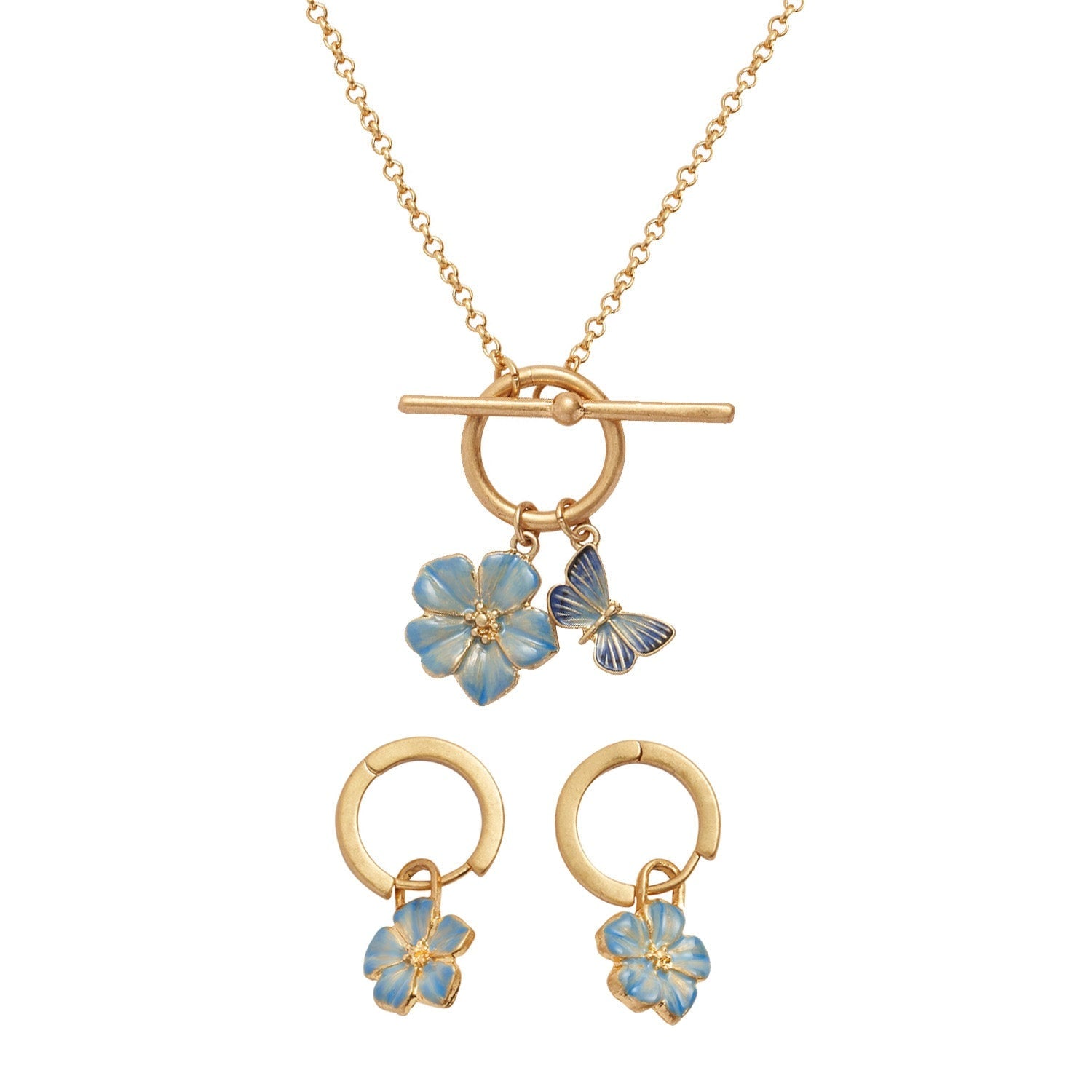 Flower Huggie Earrings & Butterfly & Flower Necklace Set