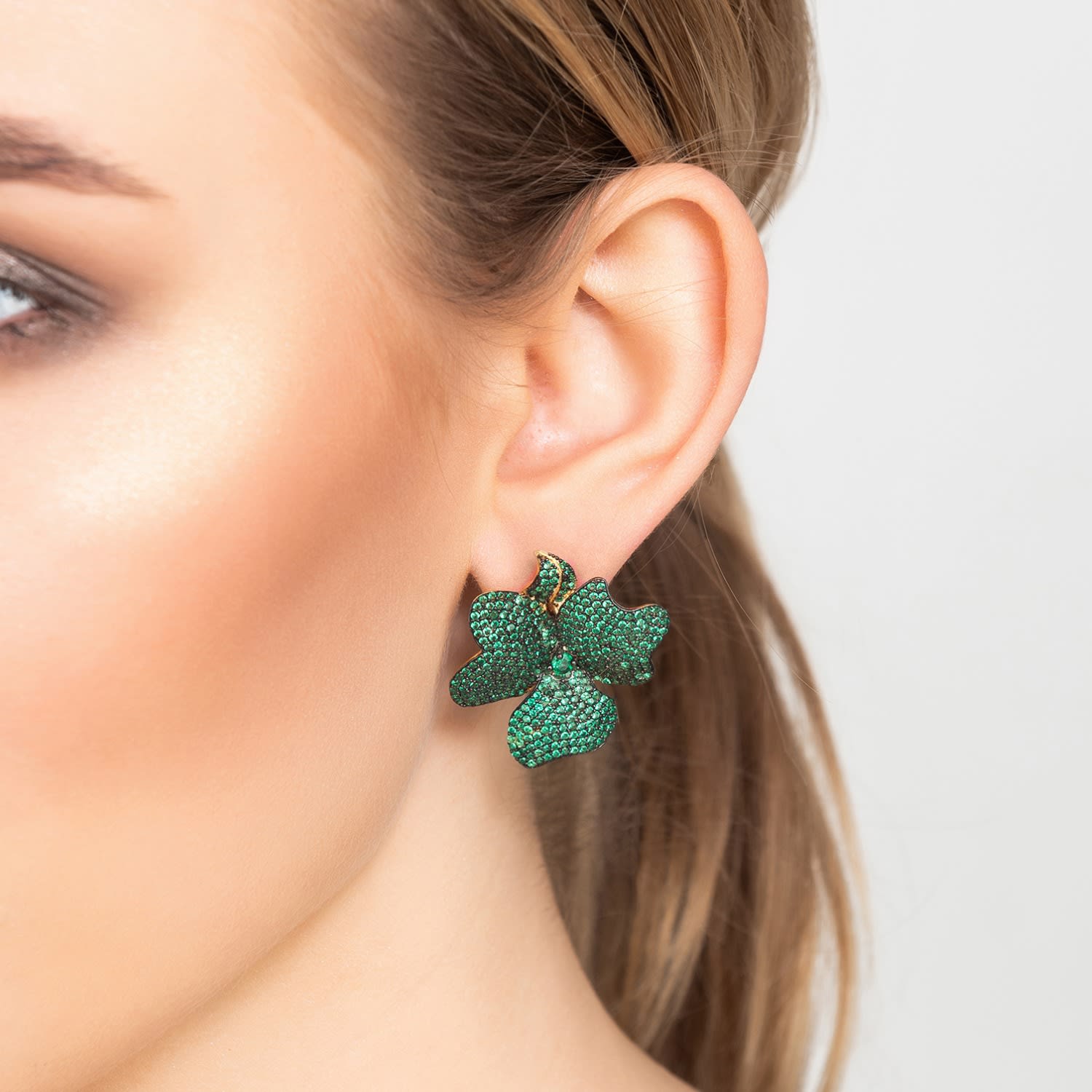 Flower Large Clip On Stud Earrings Gold Emerald Green
