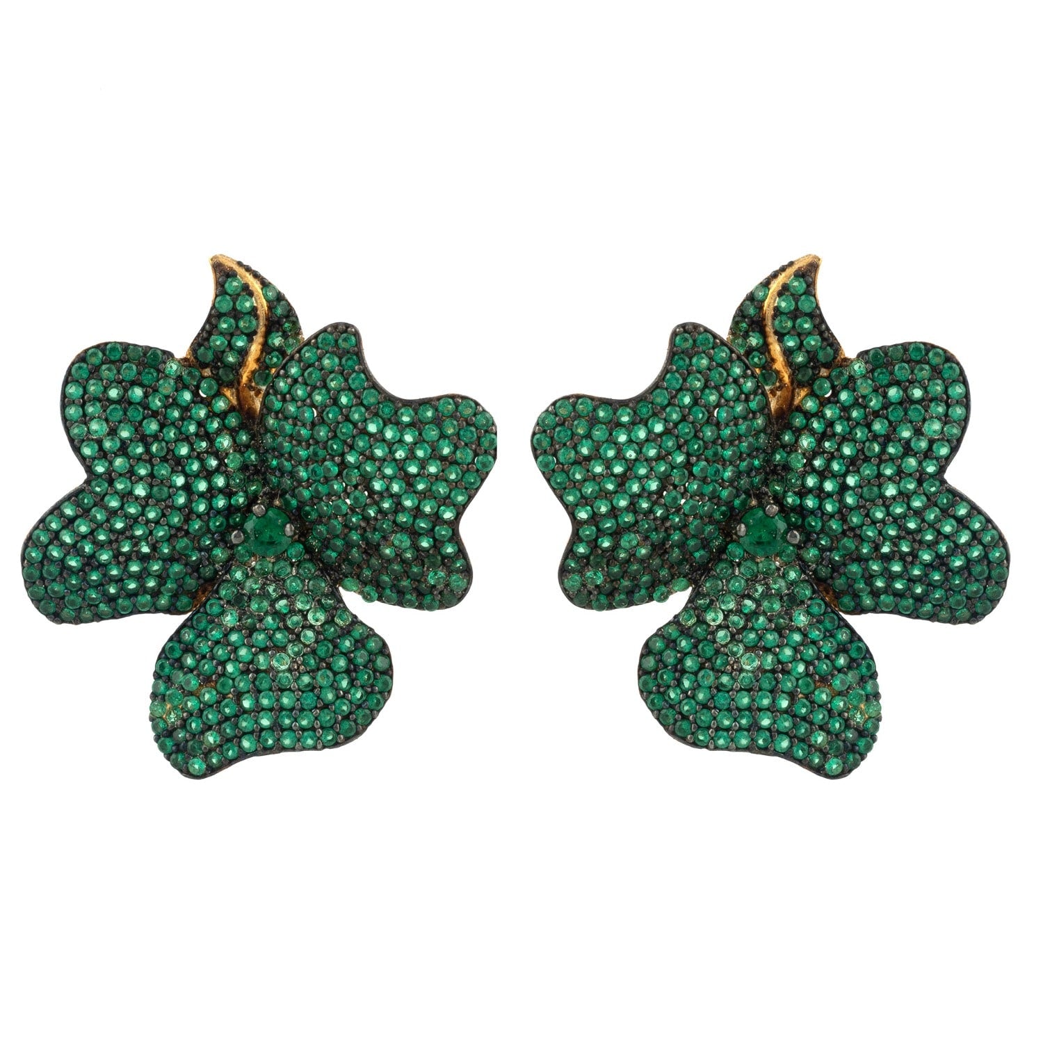 Flower Large Clip On Stud Earrings Gold Emerald Green