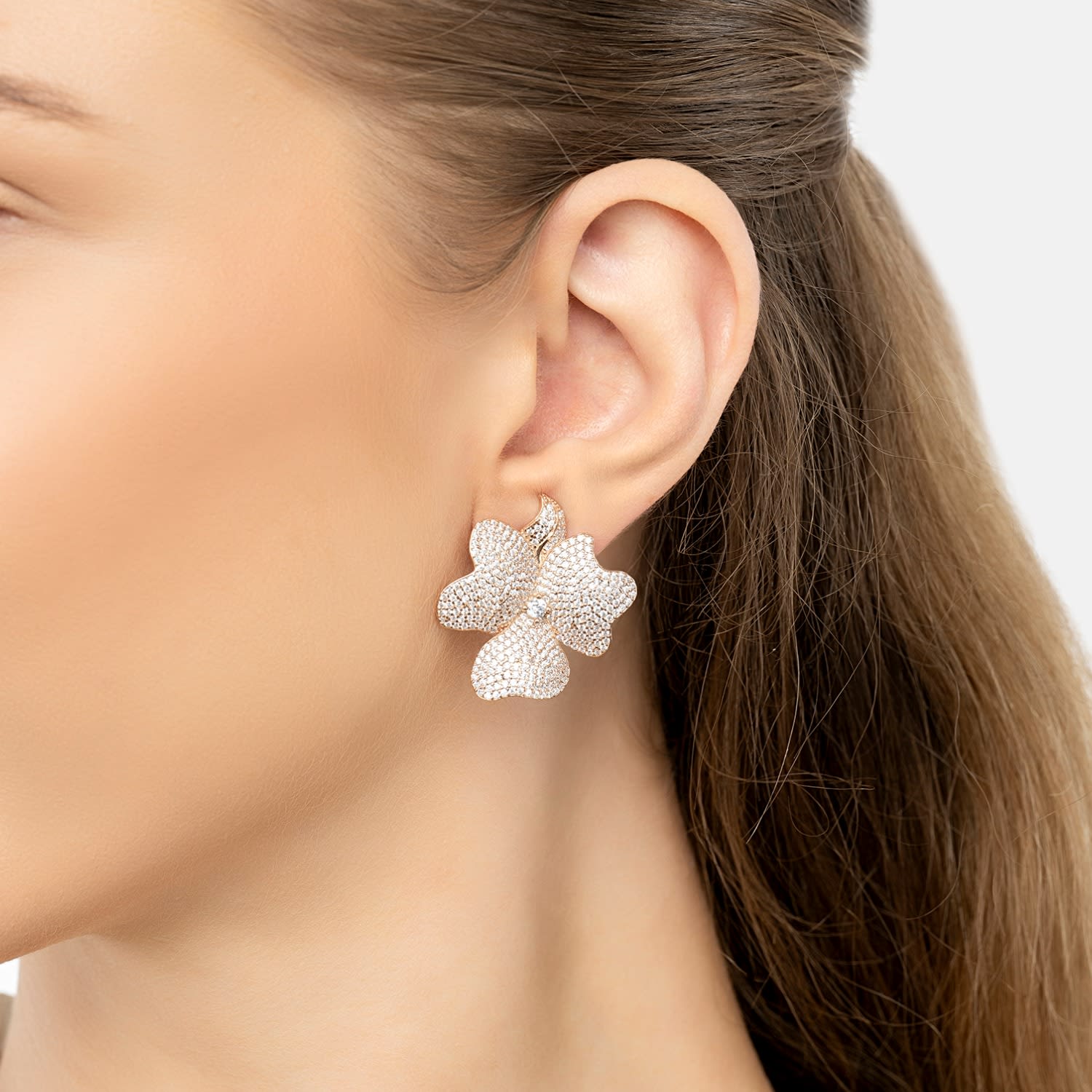 Flower Large Stud Clip On Earrings Rosegold