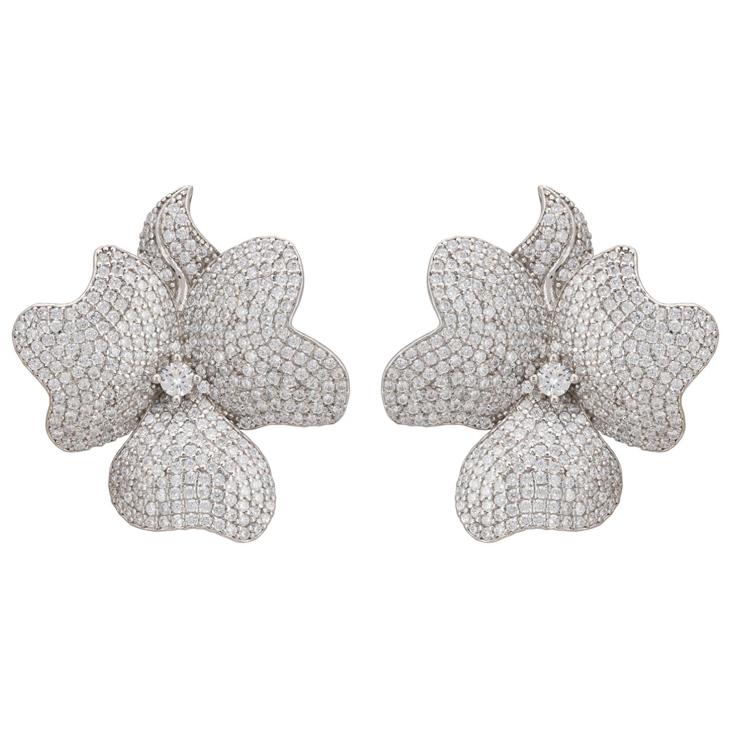 Flower Large Stud Clip On Earrings Silver