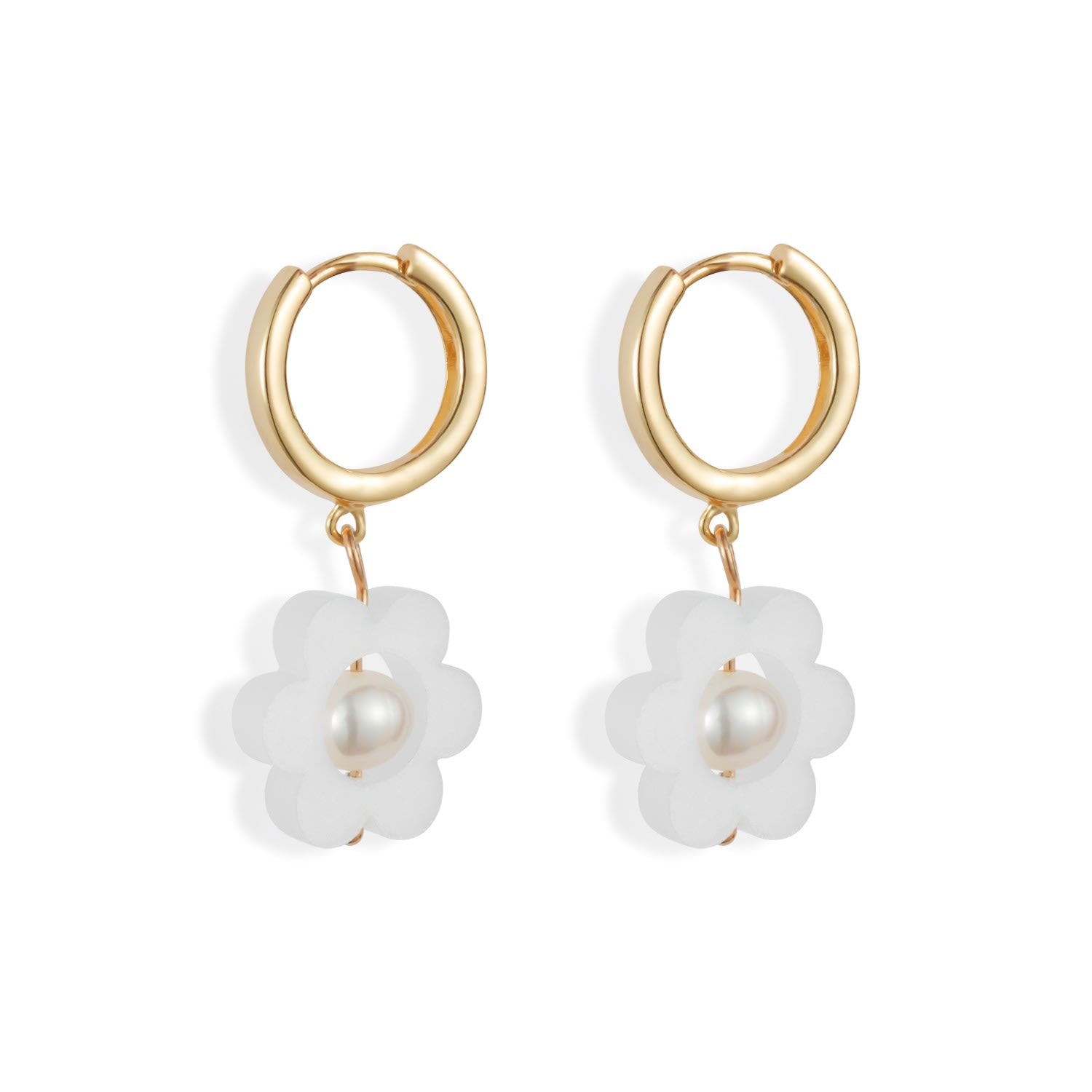 Flower Pearl Huggie Earrings - White