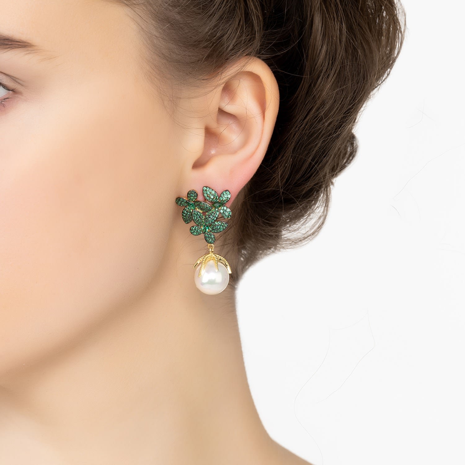 Flowers Pearl Earrings Emerald Green Gold