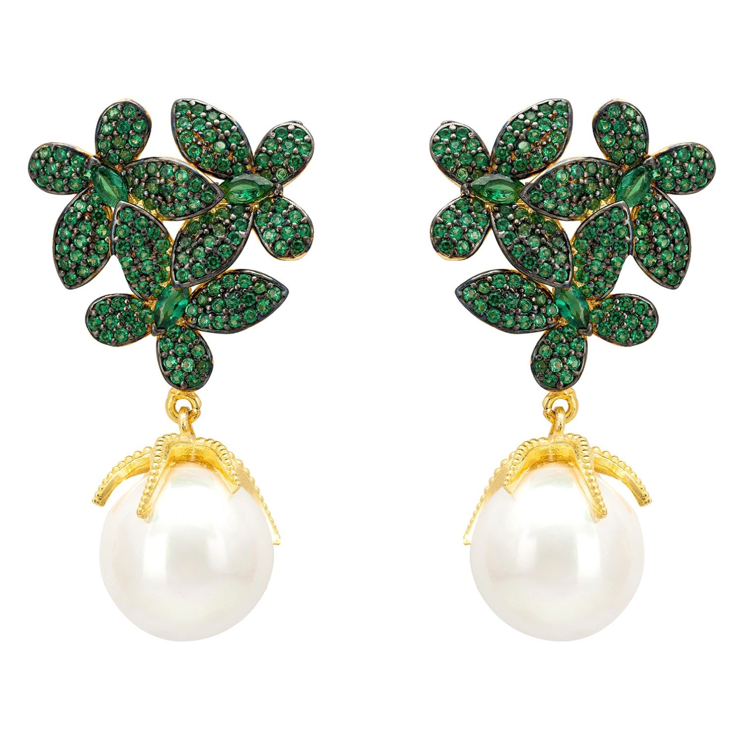 Flowers Pearl Earrings Emerald Green Gold