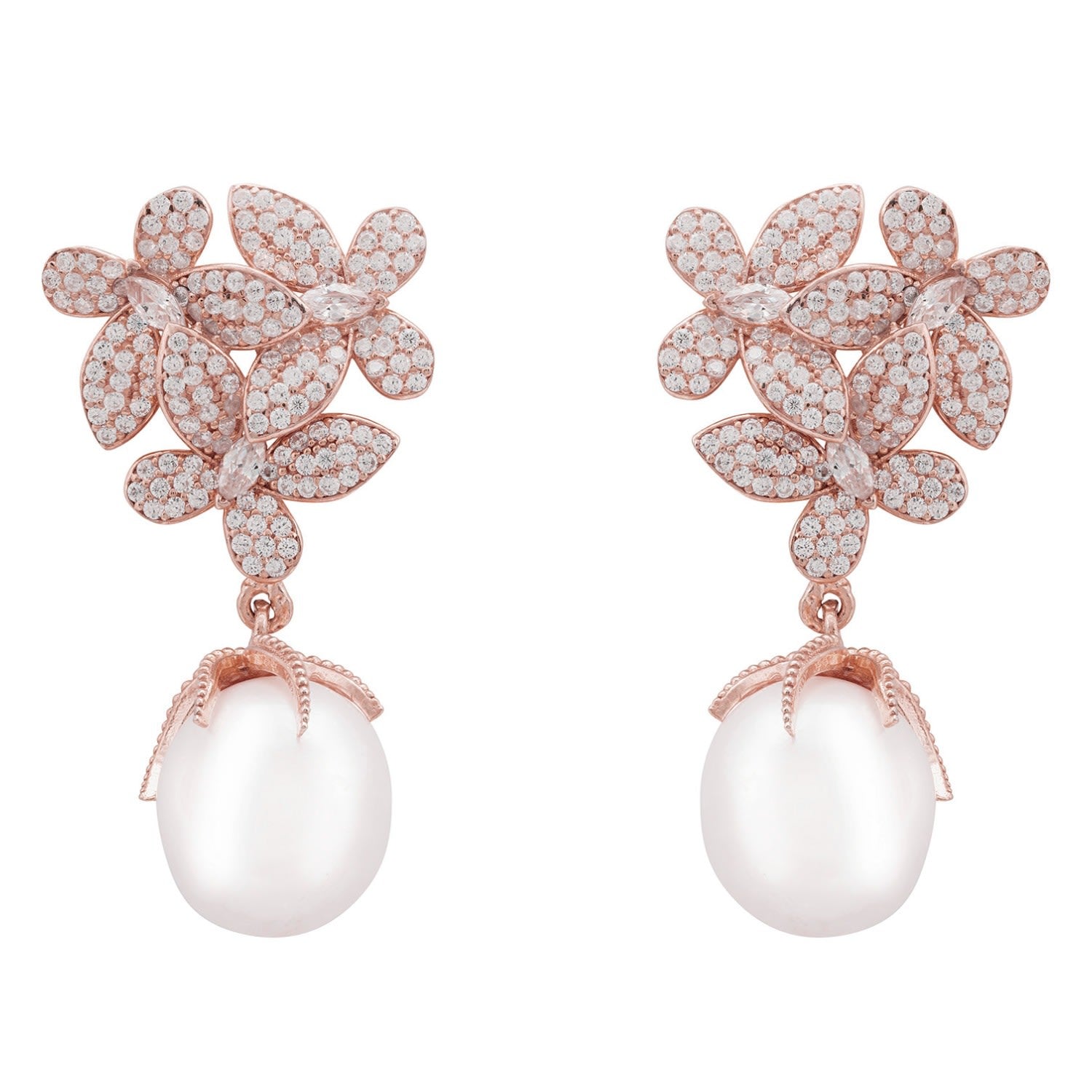 Flowers Pearl Earrings Rosegold White