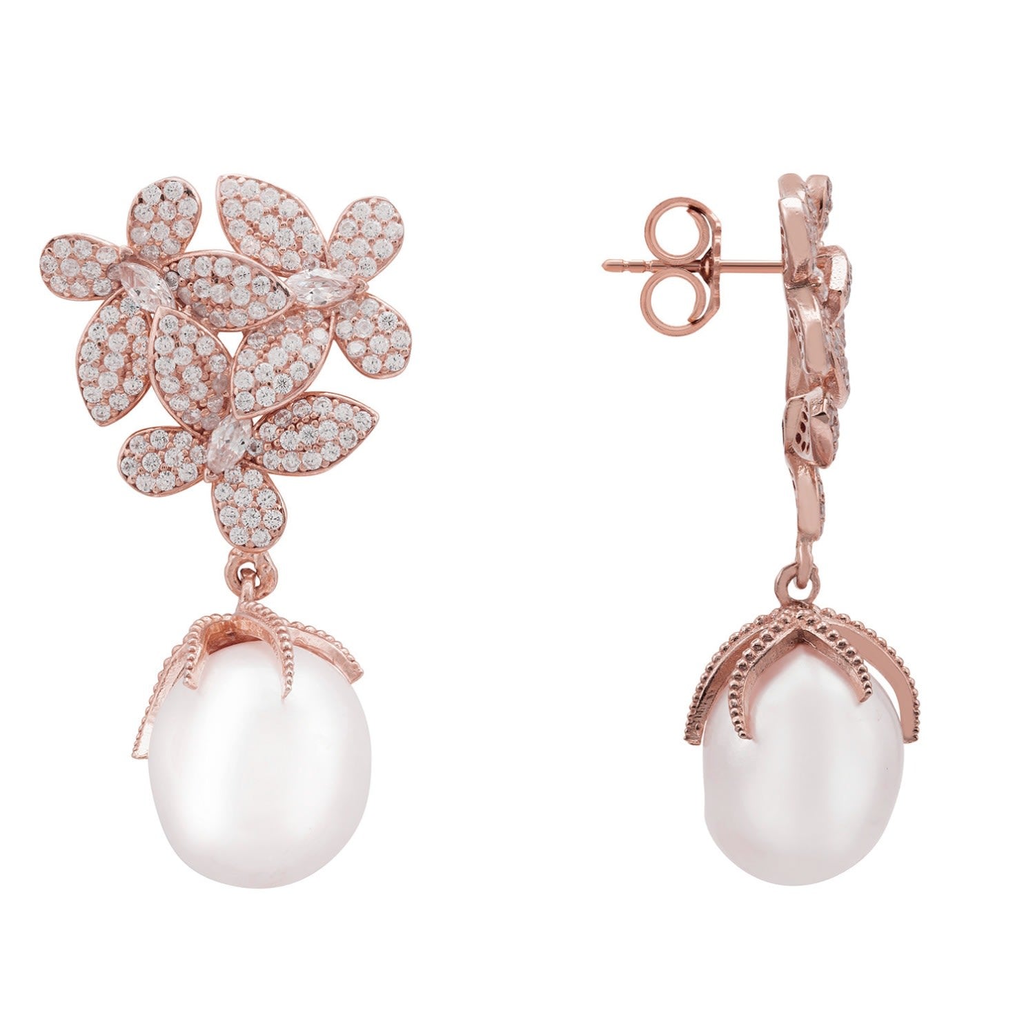 Flowers Pearl Earrings Rosegold White