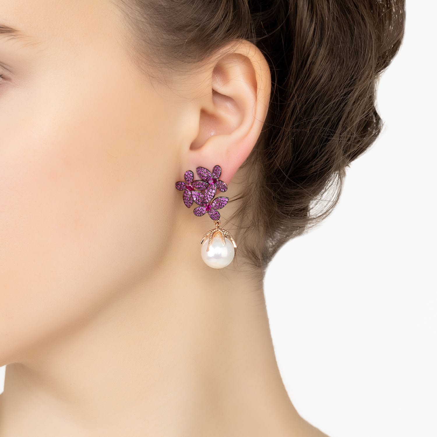 Flowers Pearl Earrings Ruby Pink Rosegold