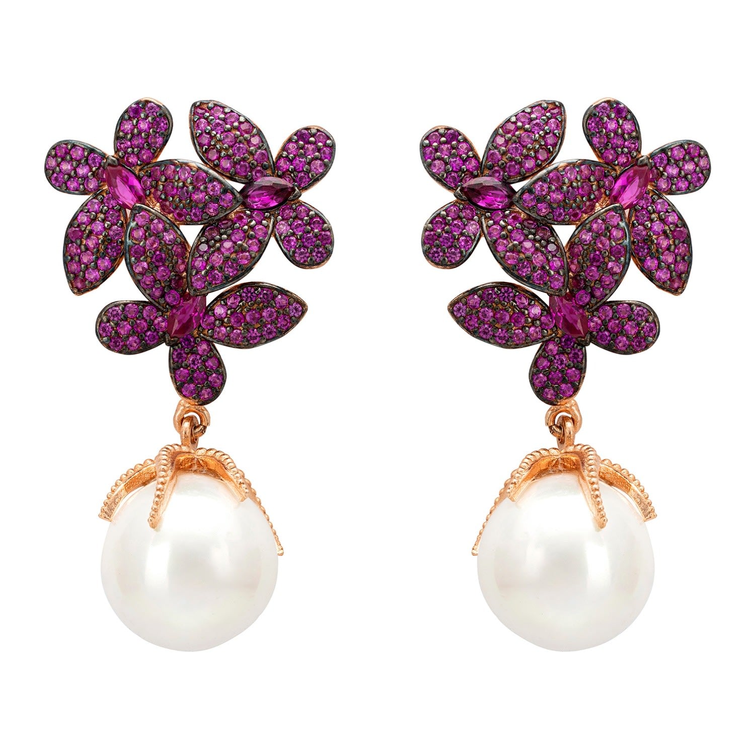 Flowers Pearl Earrings Ruby Pink Rosegold