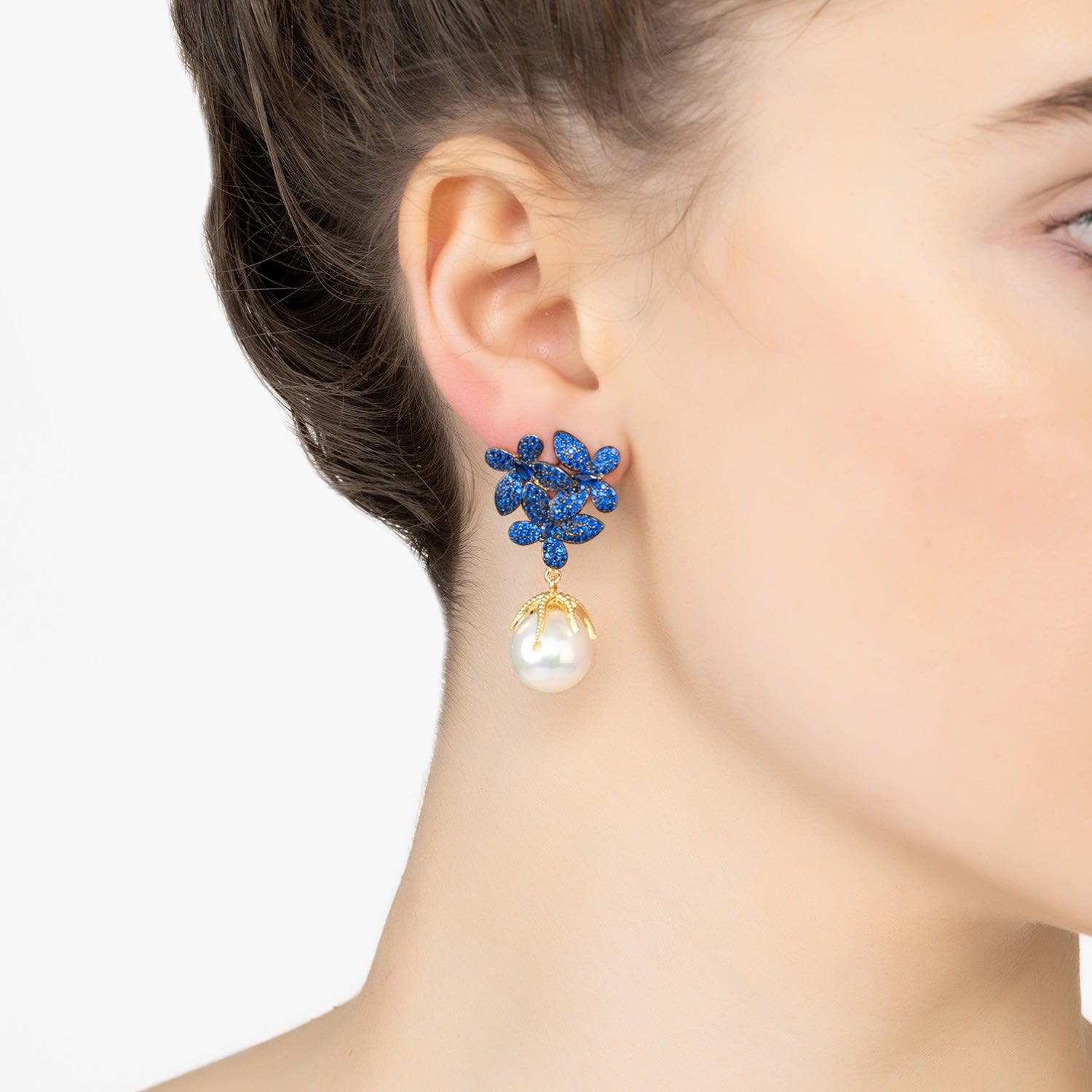 Flowers Pearl Earrings Sapphire Blue Gold
