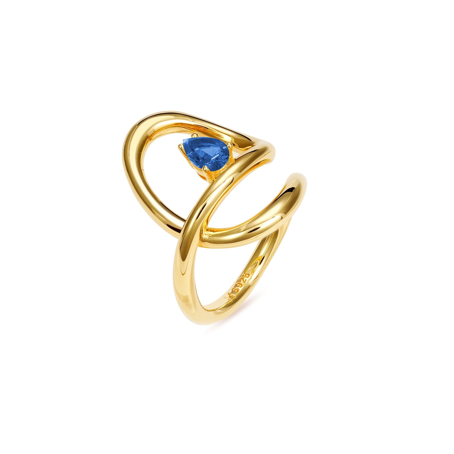 Flowing Waterdrop Solitaire Ring - Gold, Blue Stone