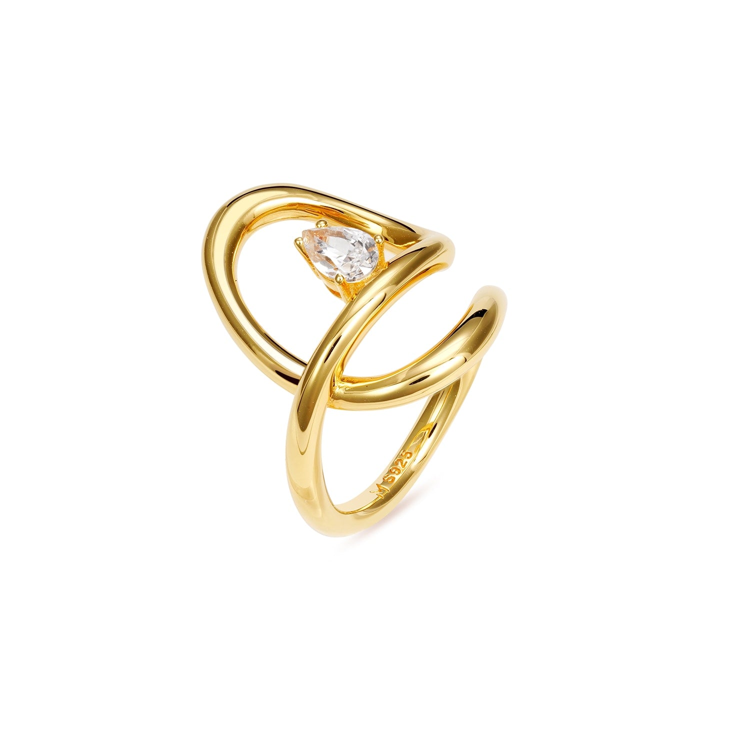 Flowing Waterdrop Solitaire Ring - Gold, Clear Stone