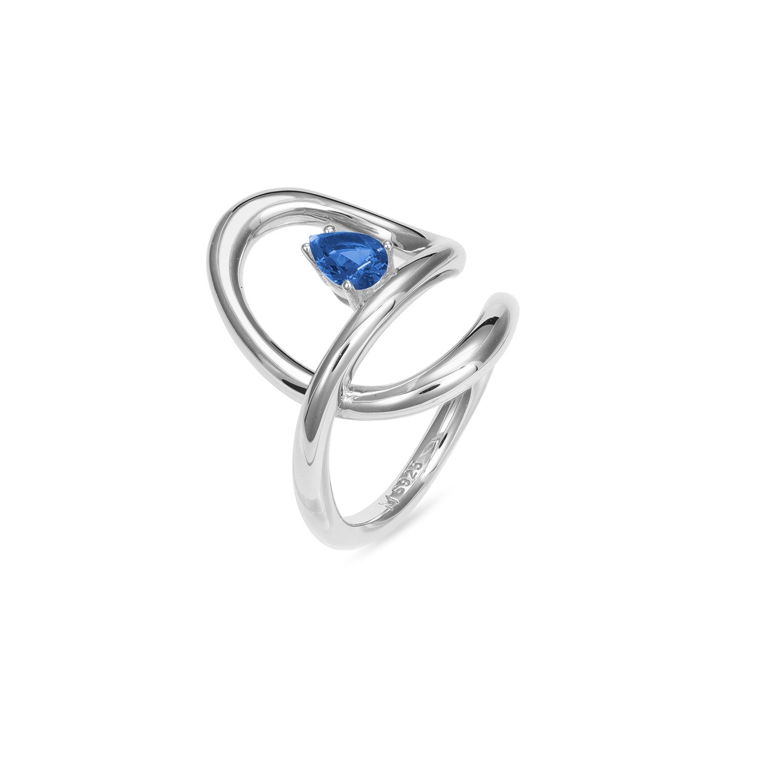 Flowing Waterdrop Solitaire Ring - Silver, Blue Stone