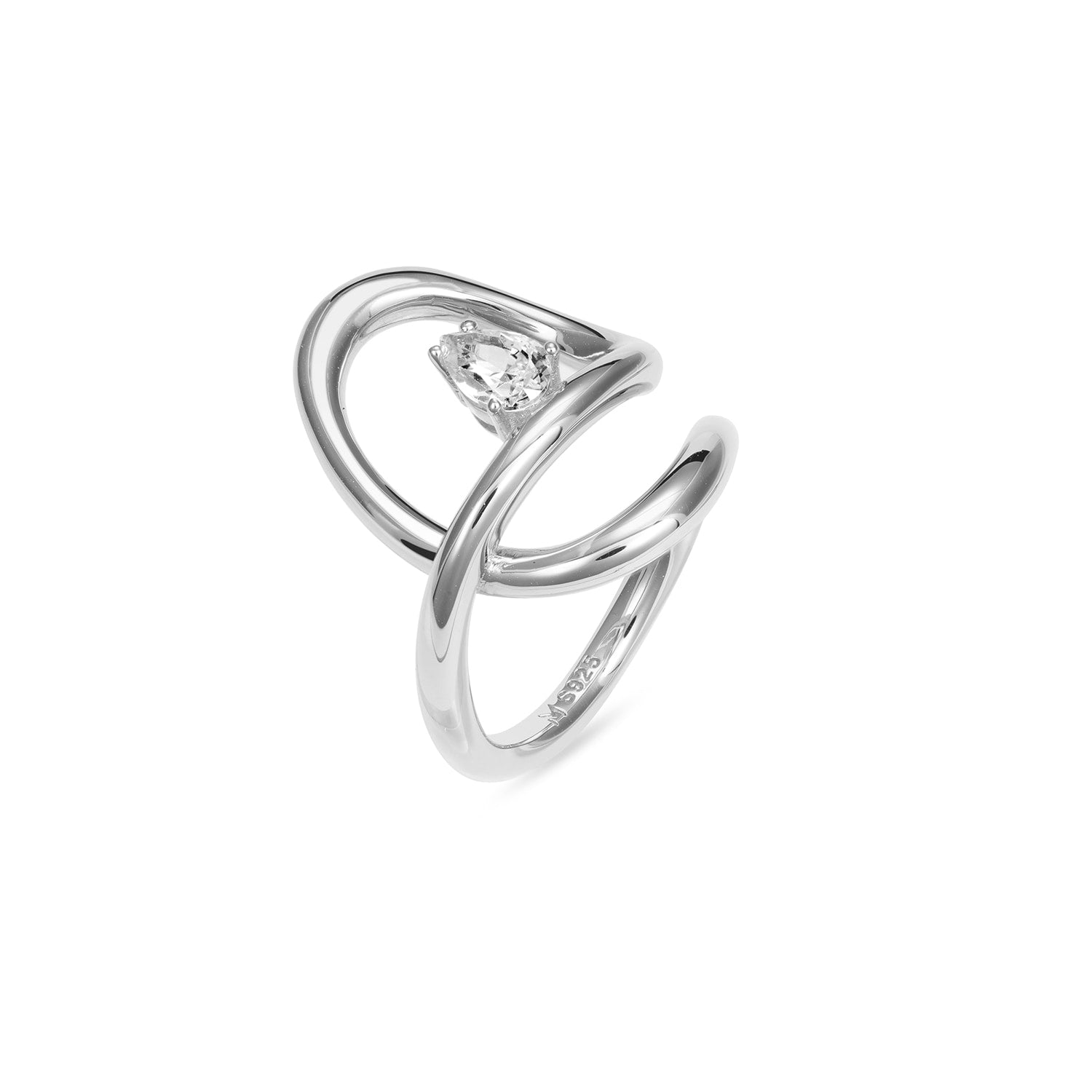 Flowing Waterdrop Solitaire Ring - Silver, Clear Stone