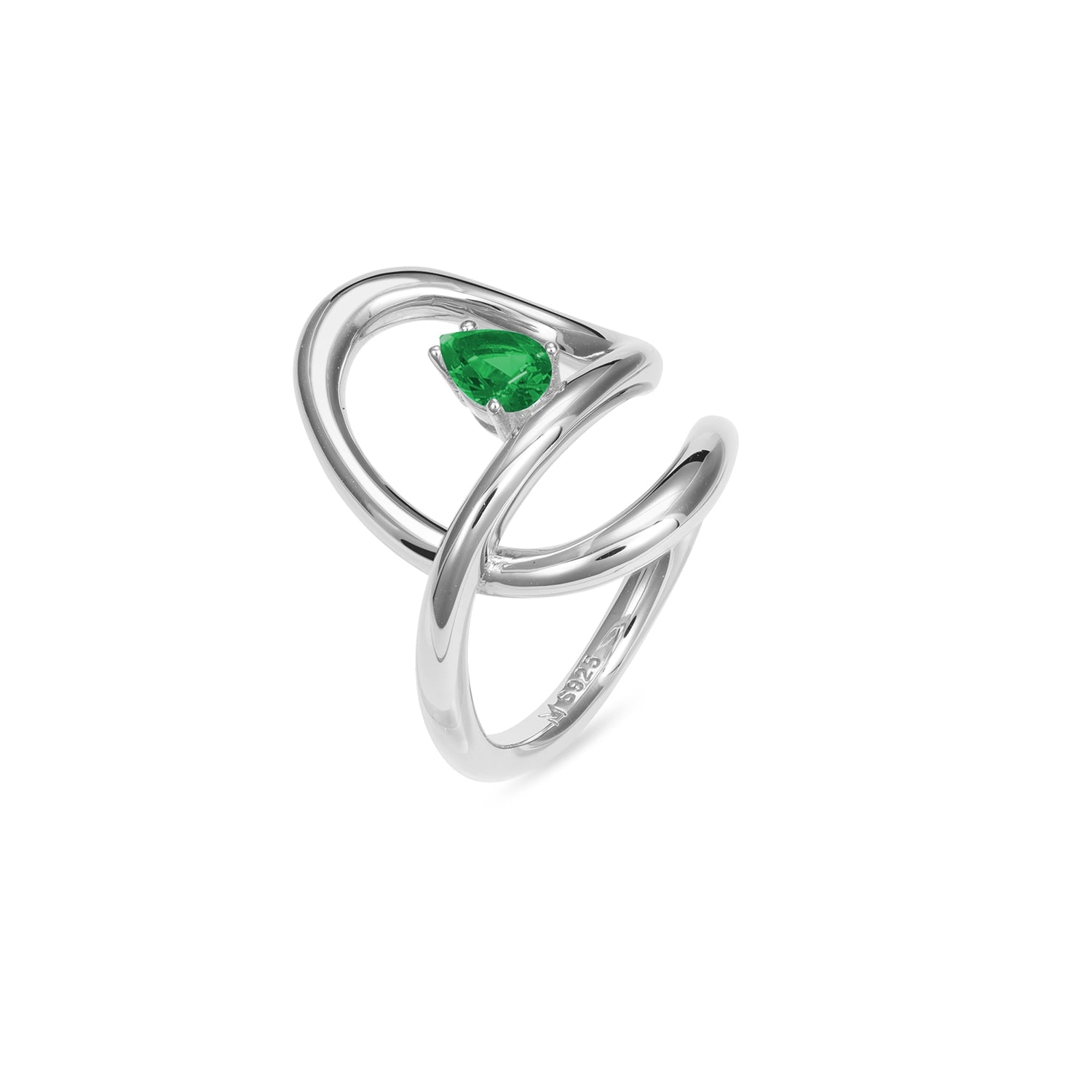 Flowing Waterdrop Solitaire Ring - Silver, Green Stone