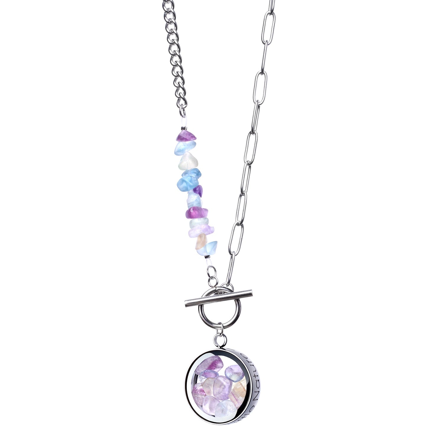 Fluorite Crystal Necklace Handcrafted With Beaded Toggle Clasp & Charm - Gemstone Jewelry