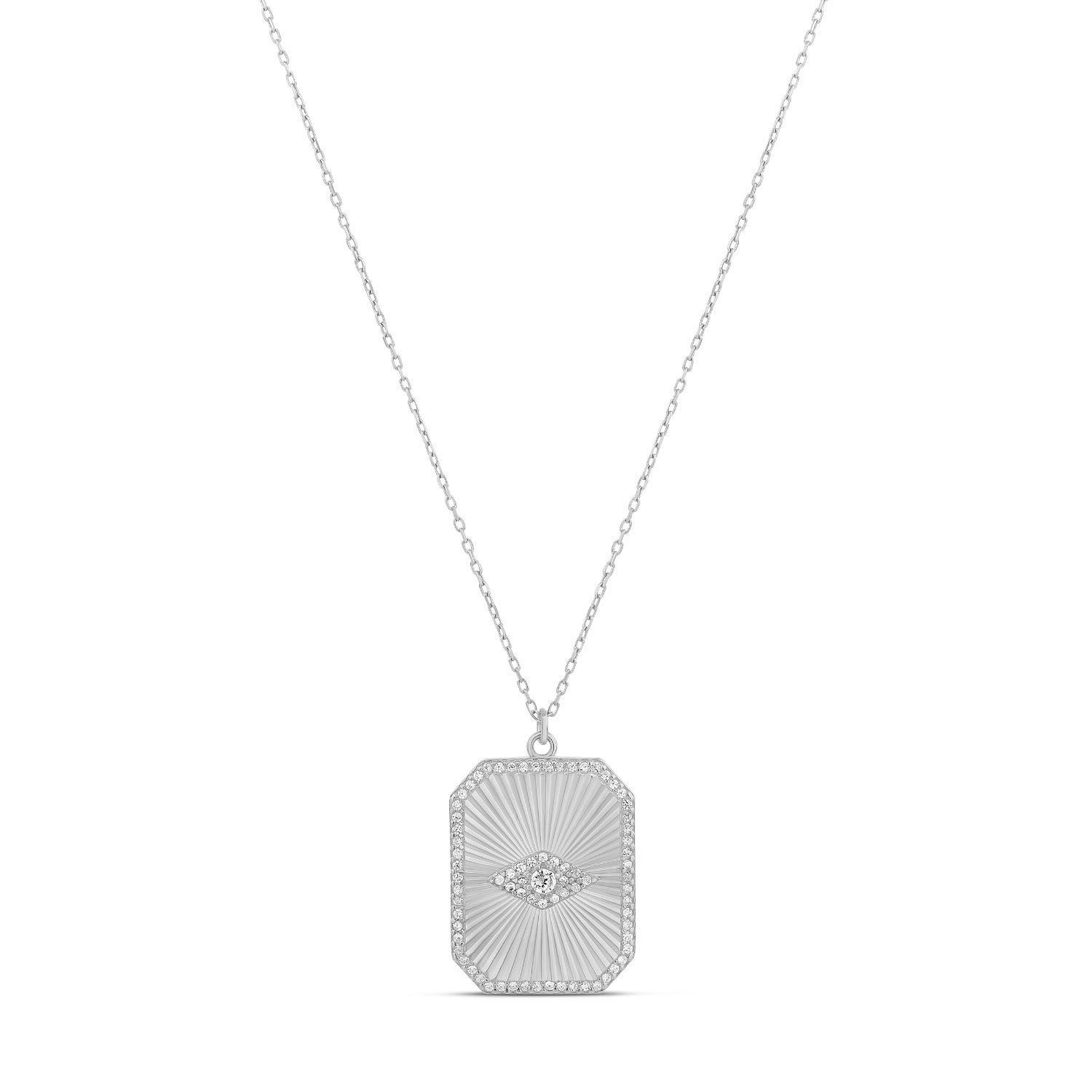 Fluted Rectangle Evil Eye Disk Necklace - Silver