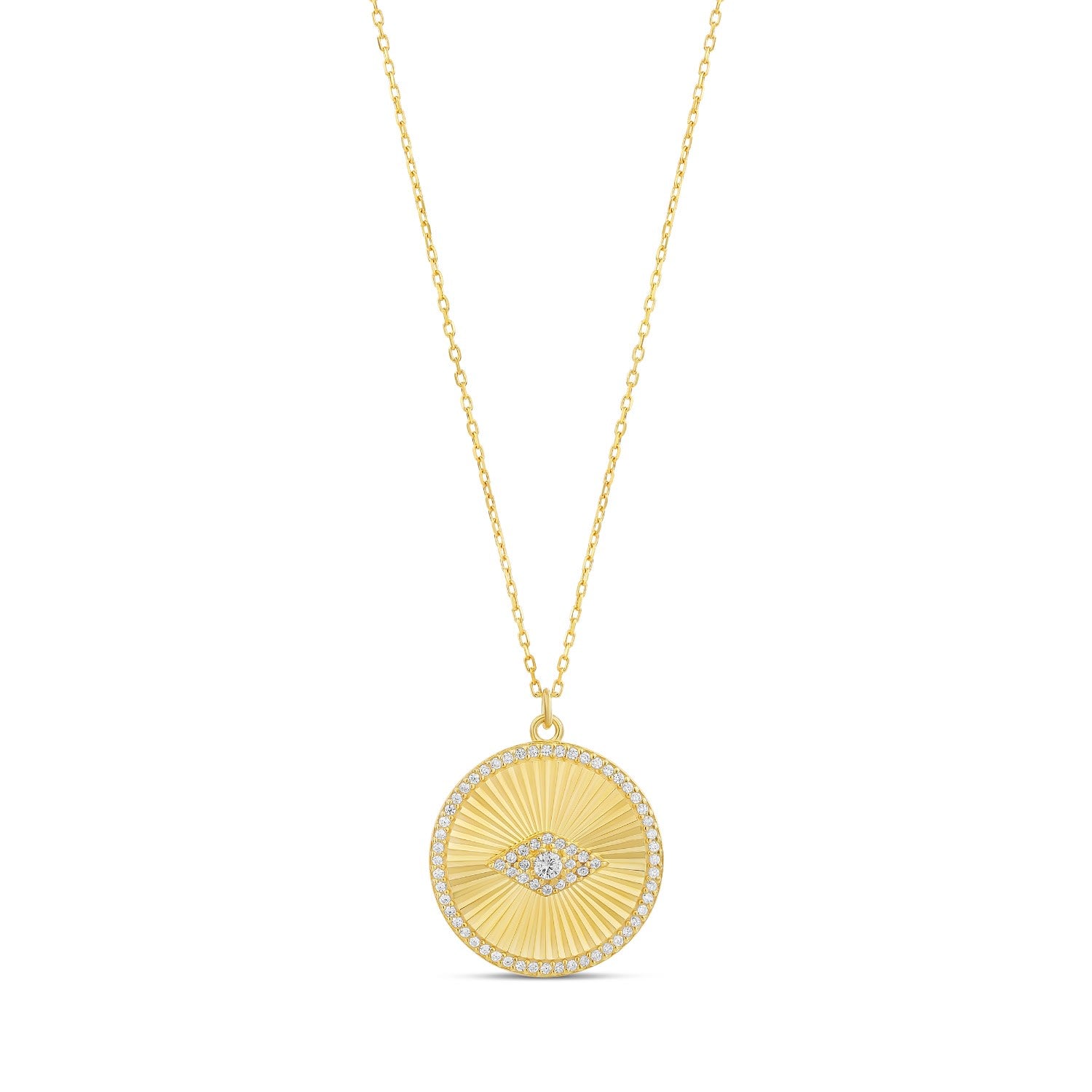Fluted Round Evil Eye Disk Necklace - Gold