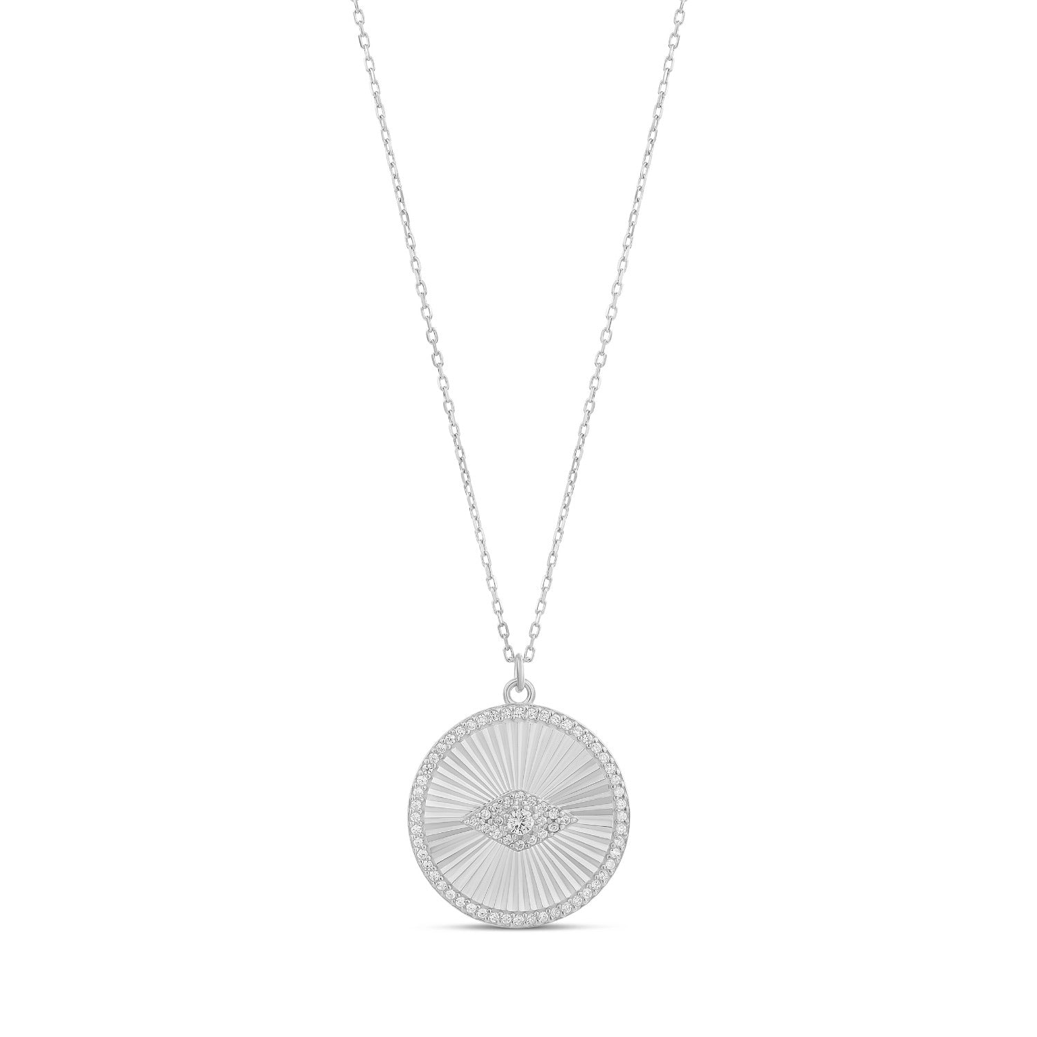 Fluted Round Evil Eye Disk Necklace - Silver