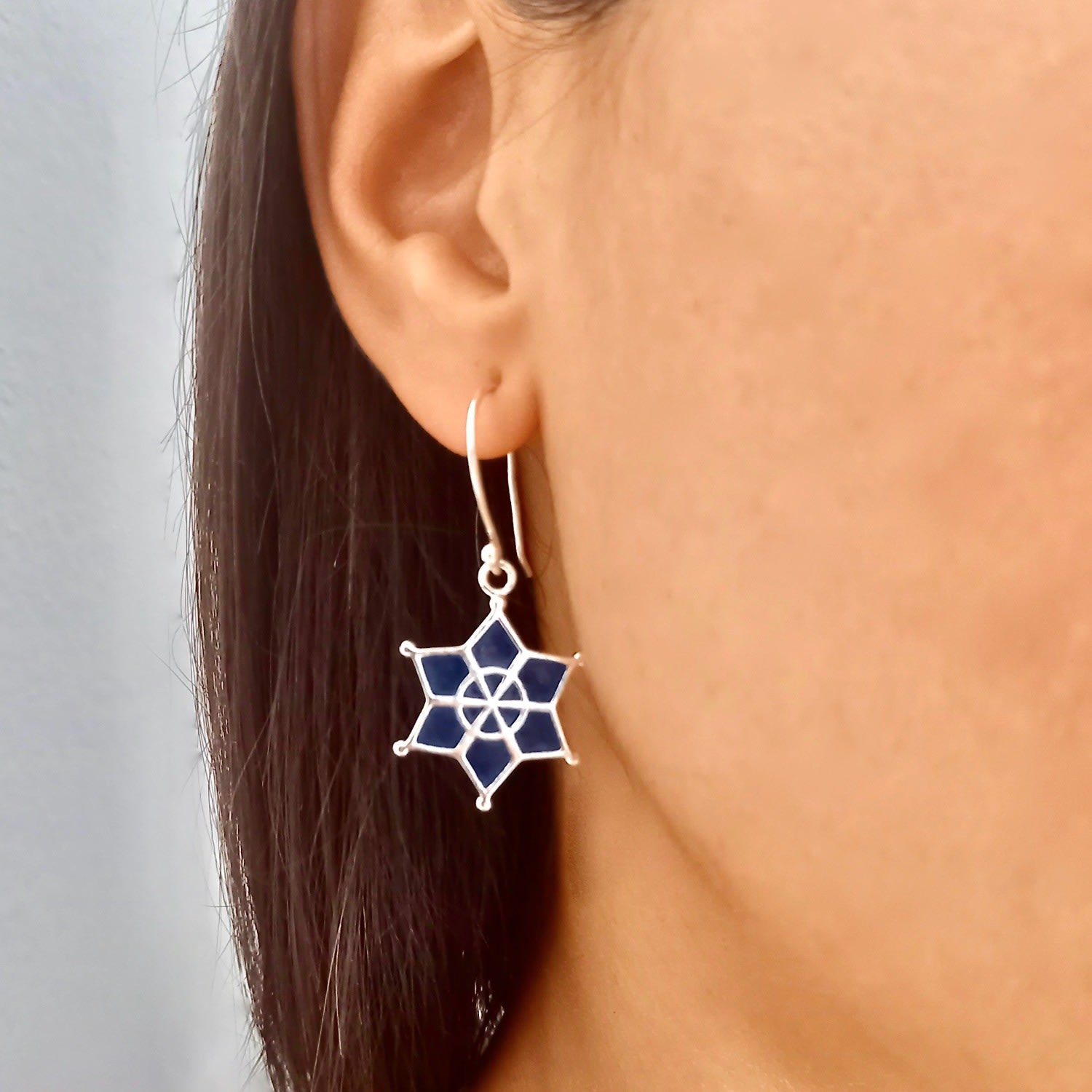 Meena Star Earrings - Sterling Silver & Indigo Blue Enamel
