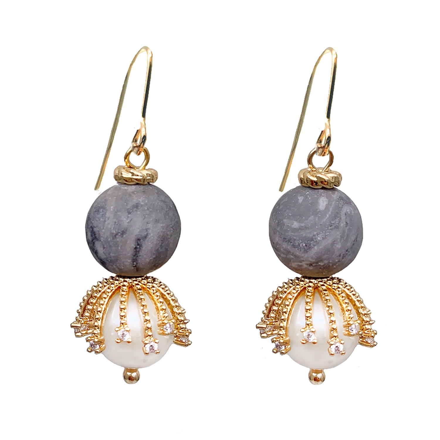 Gray Agate With Freshwater Pearls Dangle Earrings