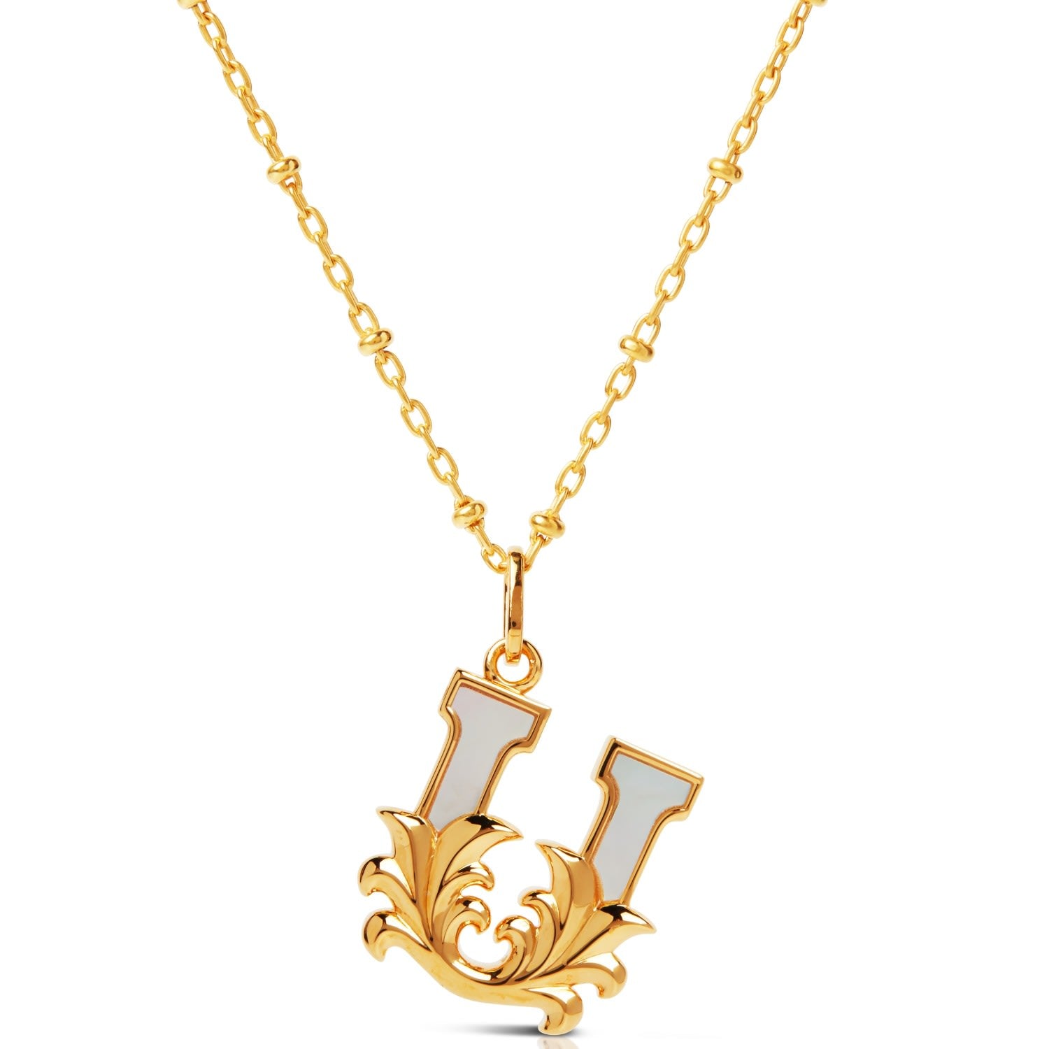 Gold Plated U Initial Necklace With Mother Of Pearl