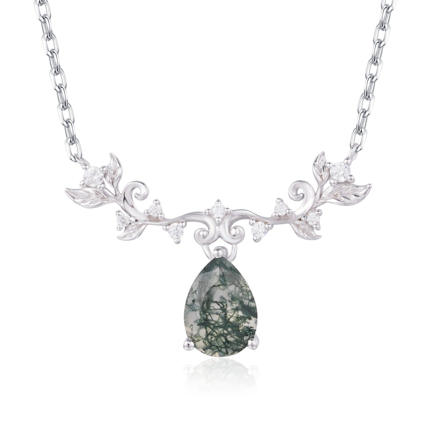 Foliage Whispers Moss Agate Necklace White Gold Vermeil