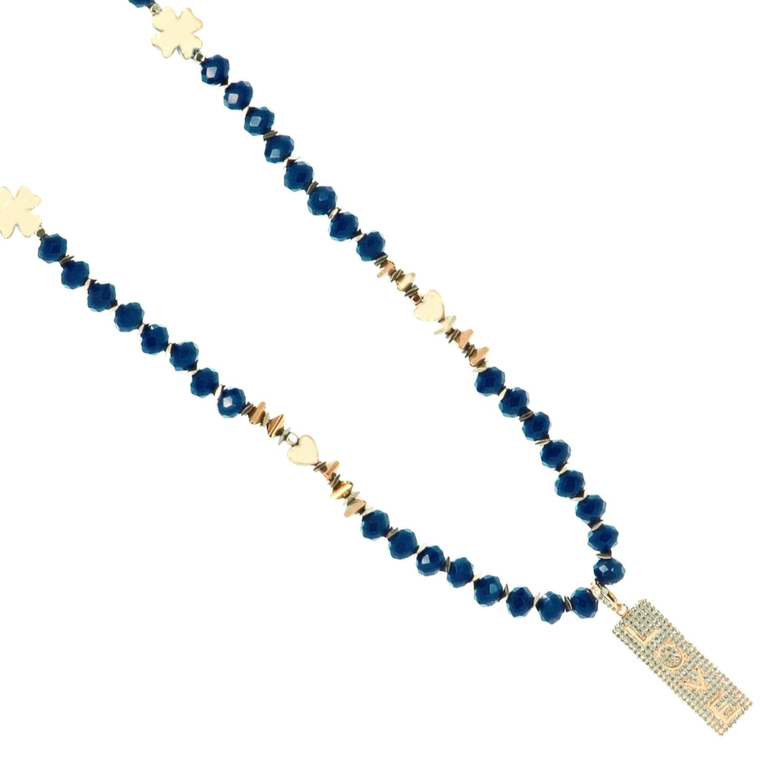 Forever Loved Gold Pendant Blue Beaded Necklace - Gold