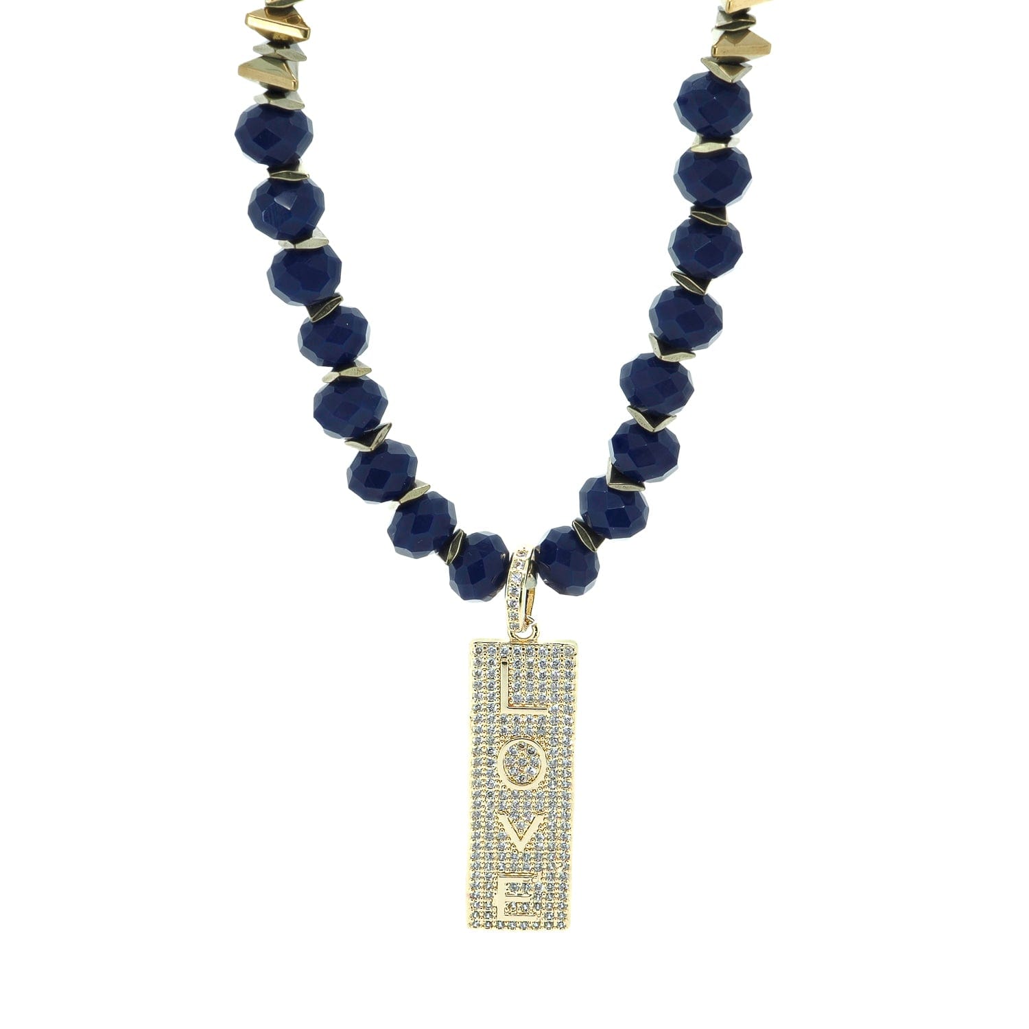 Forever Loved Gold Pendant Blue Beaded Necklace - Gold