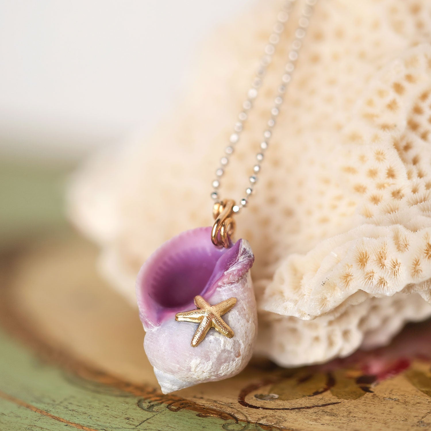 Fossilized White And Purple Sea Shell Pendant Necklace