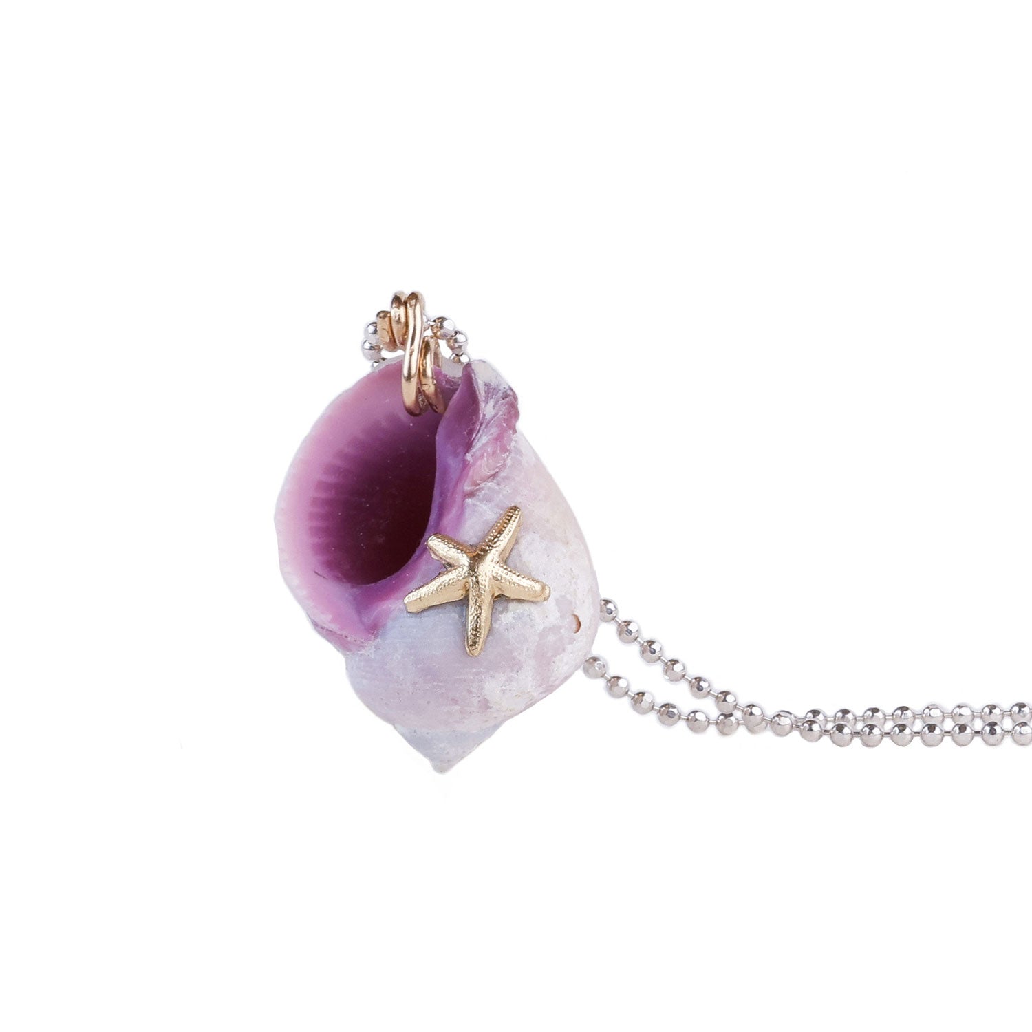 Fossilized White And Purple Sea Shell Pendant Necklace