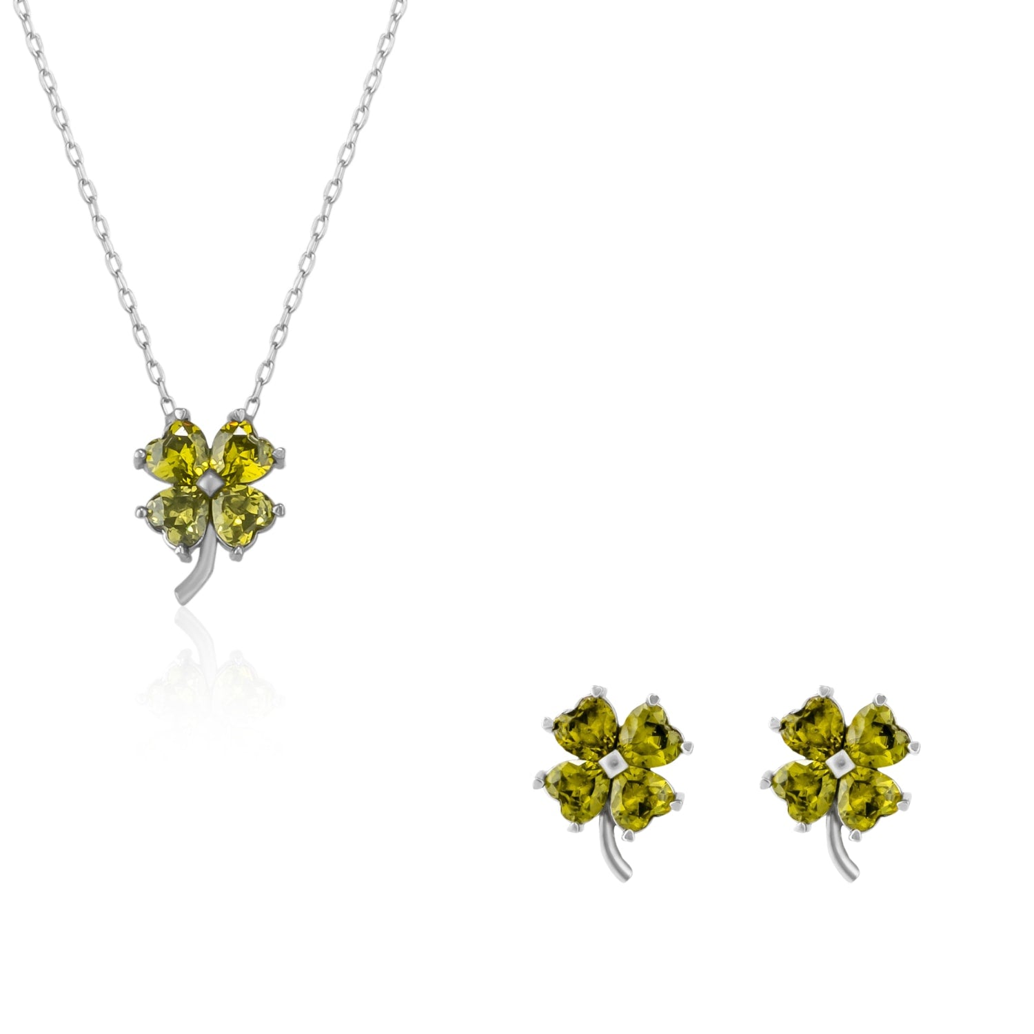Four Leaf Clover Sterling Silver Stud Earrings & Necklace Set - Mystic Green