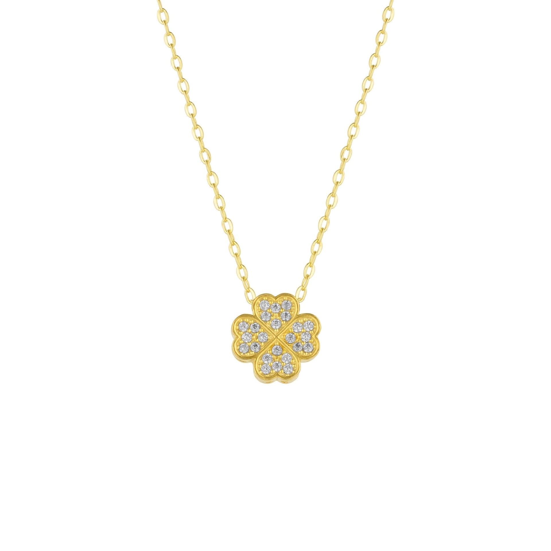 Four Leaves Clover Necklace In Gold With Clear Gemstones