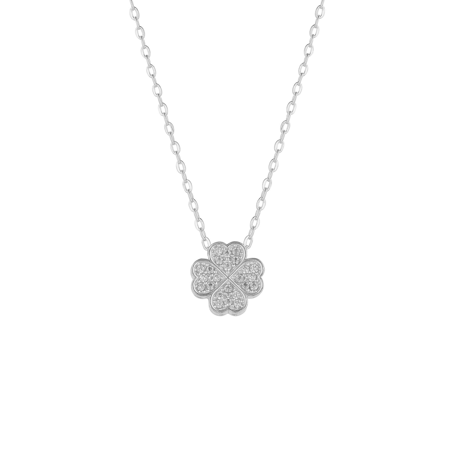 Four Leaves Clover Necklace In Silver With Clear Gemstones