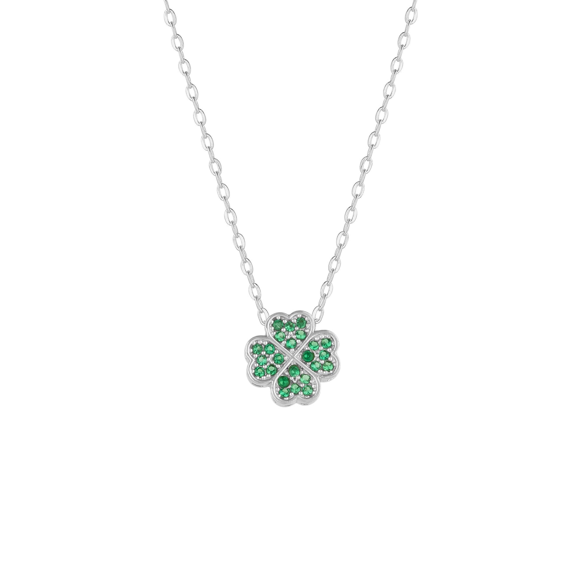 Four Leaves Clover Necklace In Silver With Green Gemstones