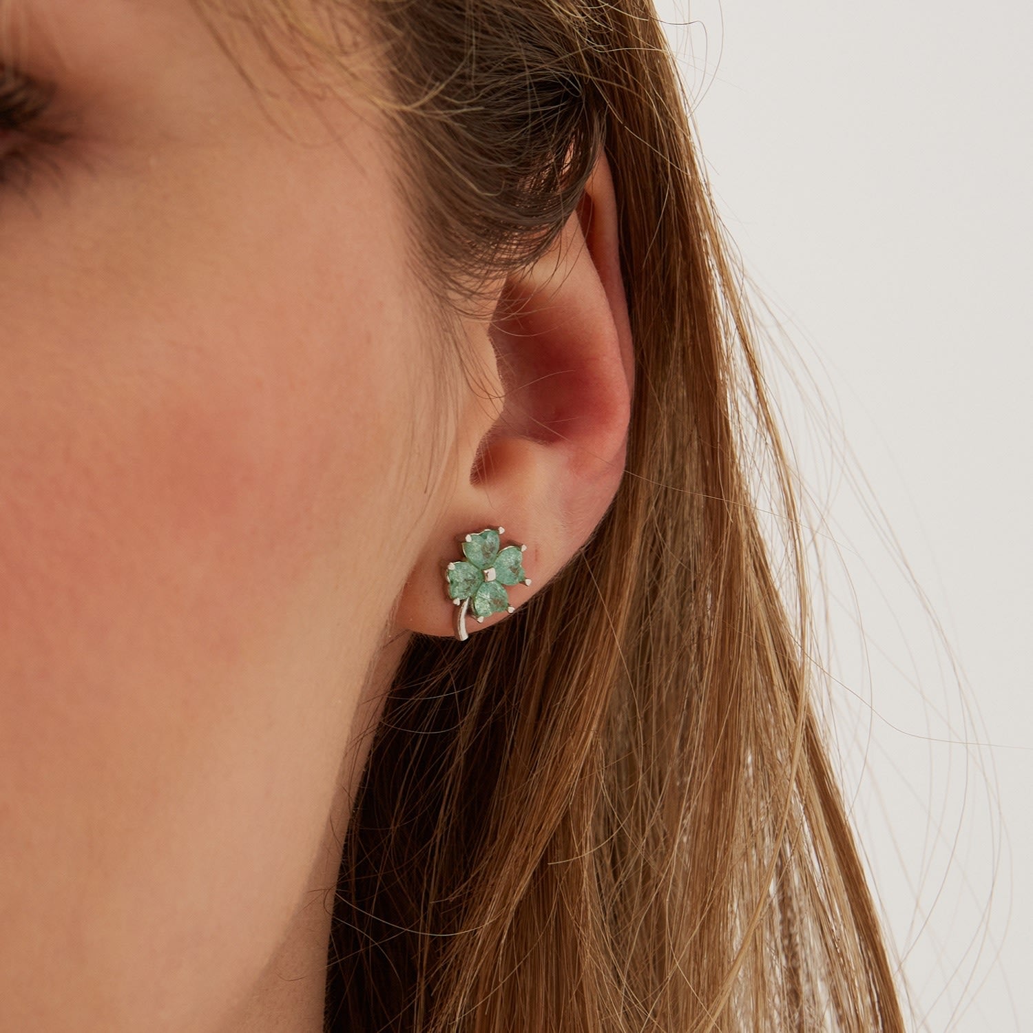 Four Leaves Clover Sterling Silver Stud Earring - Green - Silver