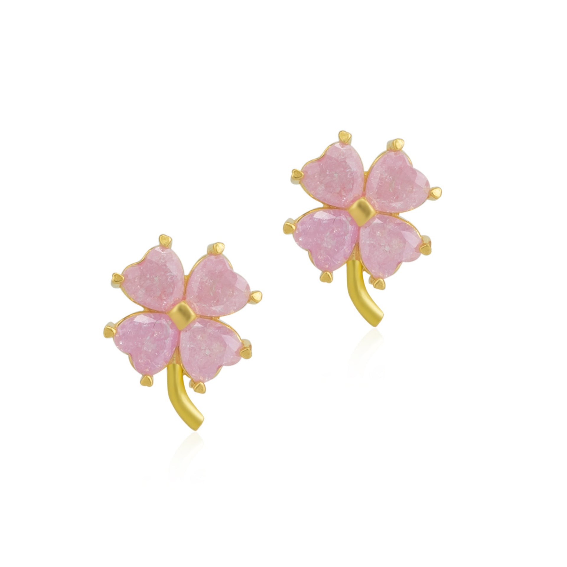 Four Leaves Clover Sterling Silver Stud Earring Pink - Gold