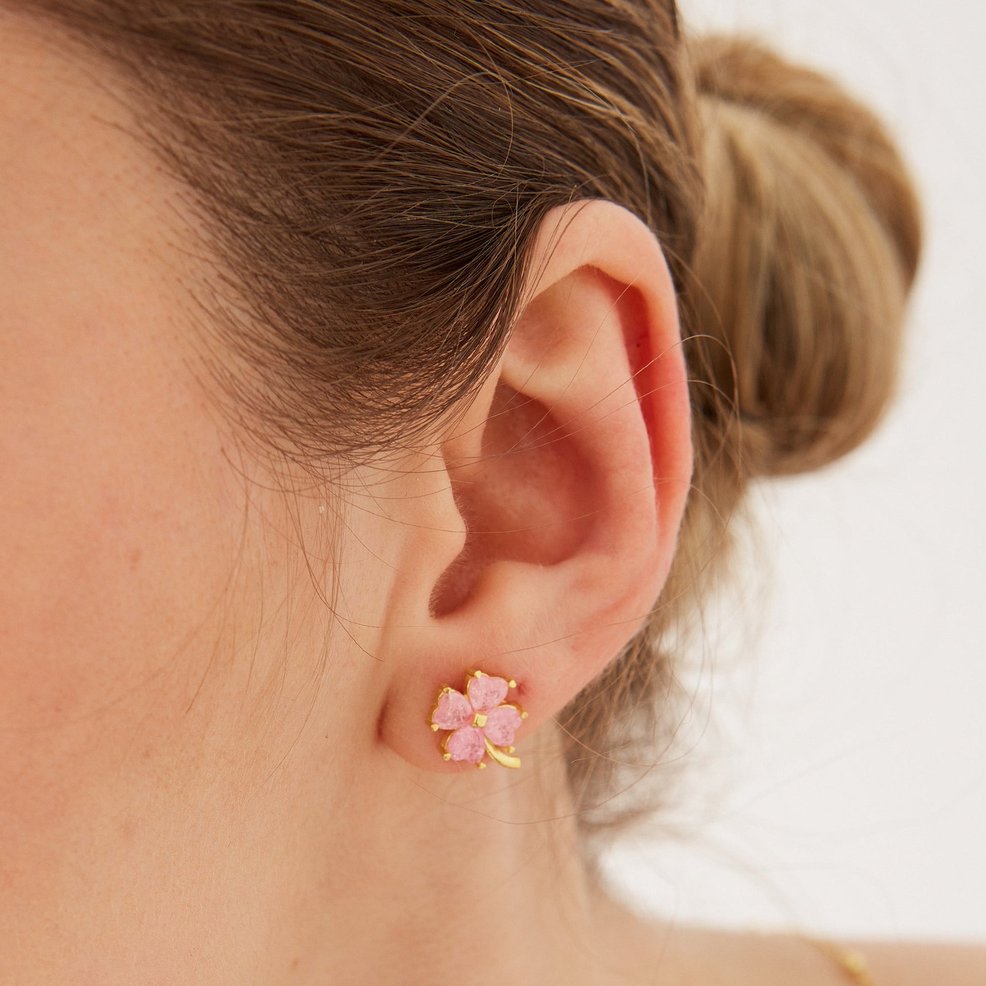 Four Leaves Clover Sterling Silver Stud Earring Pink - Gold