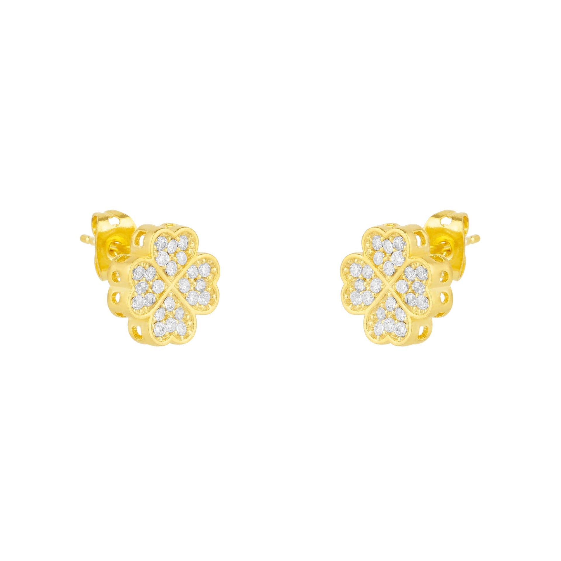 Four Leaves Clover Stud Earring In Gold With White Gemstones