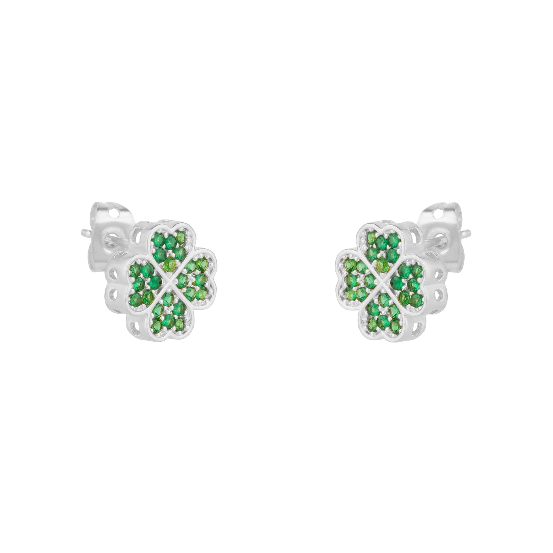 Four Leaves Clover Stud Earring In Silver With Green Gemstones